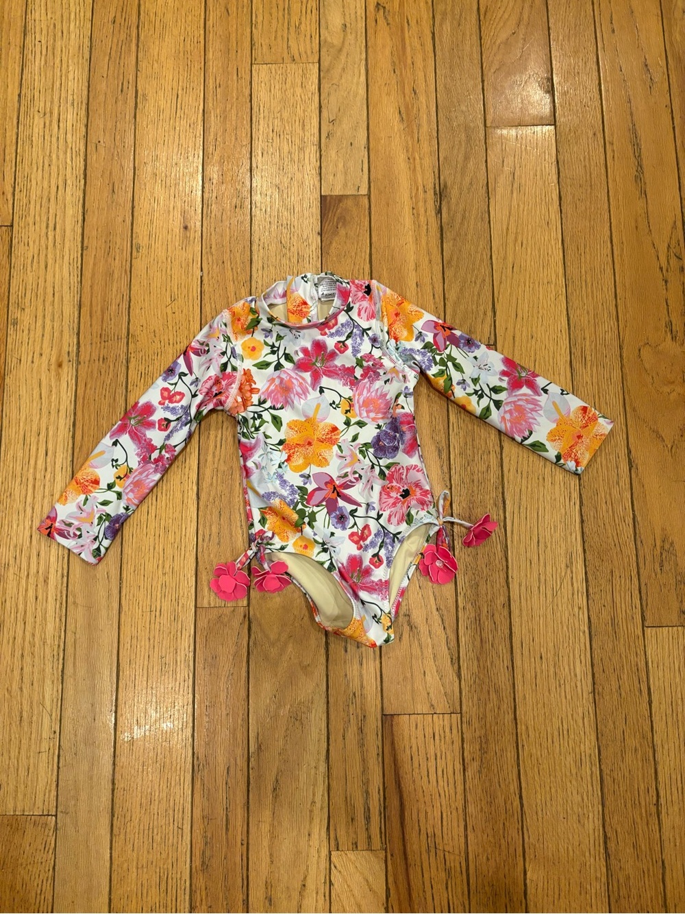 Kids Long Sleeve Floral Rash Guard Swimsuit - White/Pink/Orange